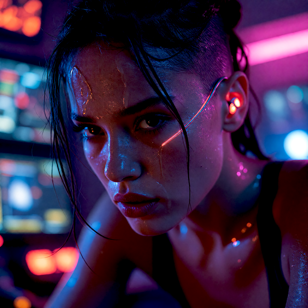 Generated result: a young woman with a wet undercut in a neon-lit cyberpunk apartment