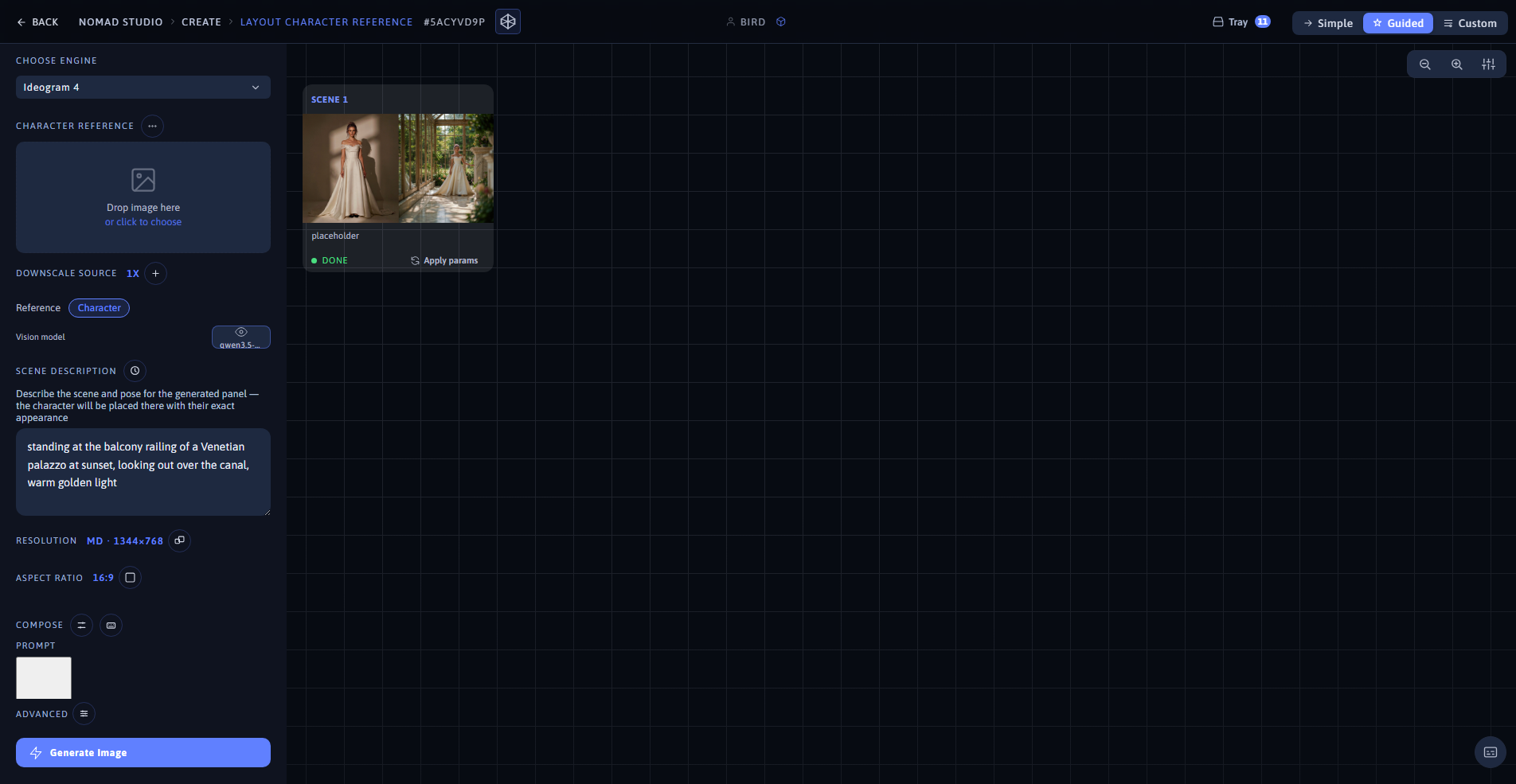 Nomad Studio Layout Character Reference page showing the composed diptych layout at 16:9 and the generated result