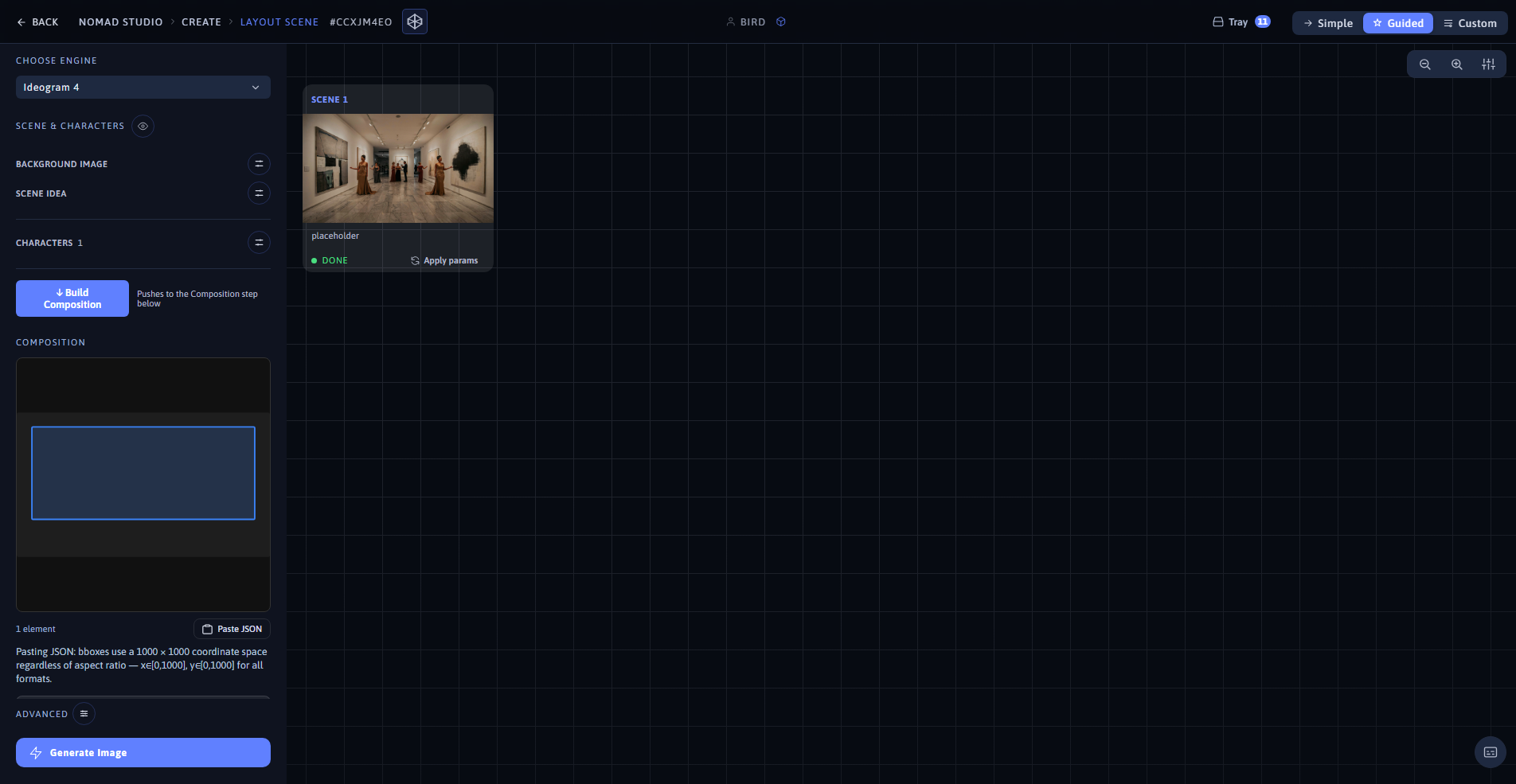 Nomad Studio Layout Scene page showing the manually placed character bounding box and the generated result