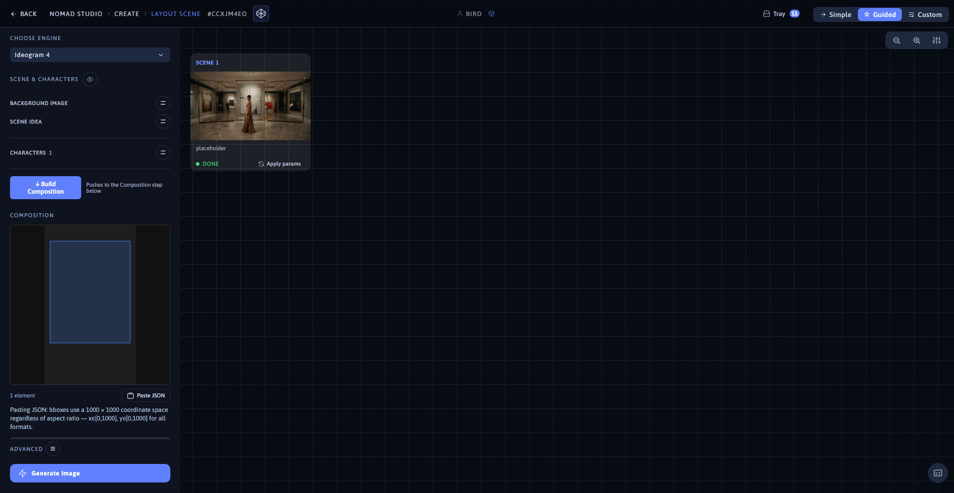 Nomad Studio Layout Scene page showing the character repositioned at 9:16 and the generated result