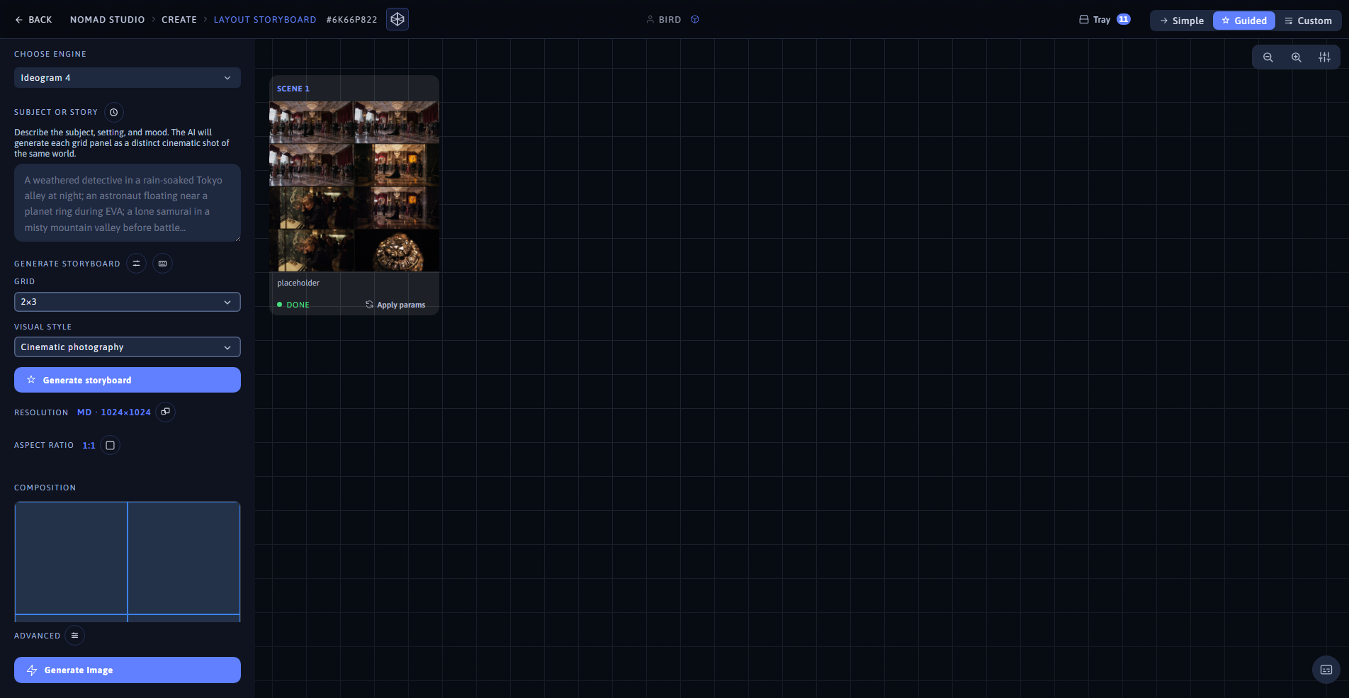 Nomad Studio Layout Storyboard page showing the composed 2x2 grid and the generated result