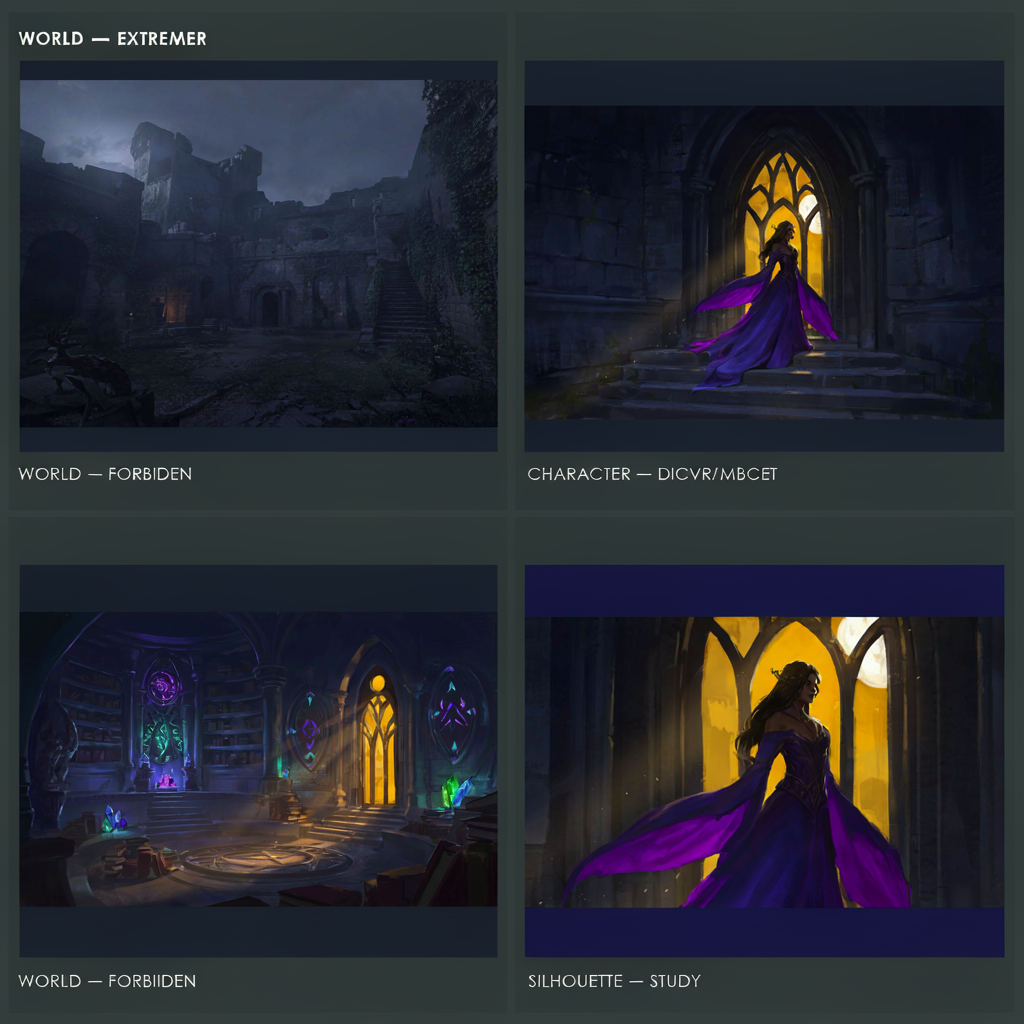 Generated result: 2x2 concept art storyboard of a sorceress discovering a hidden library
