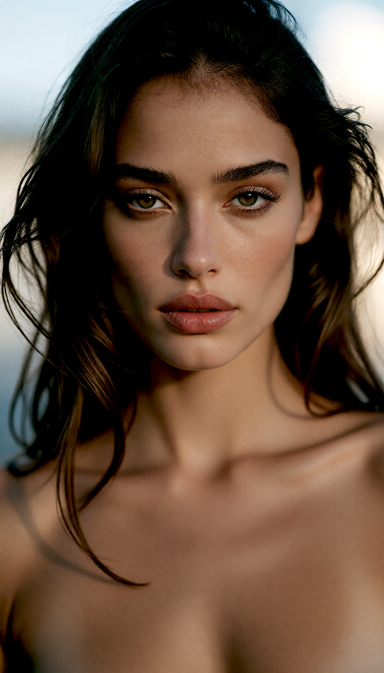 Portrait 1: an elegant woman with sharp cheekbones, frontal cinematic bust shot
