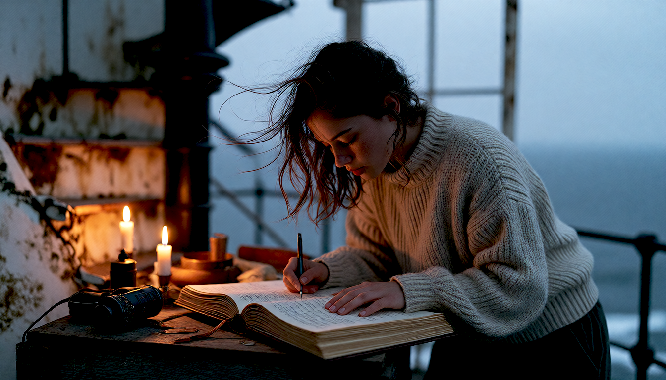 Scene 2: the same woman kneeling beside a candlelit journal inside the lighthouse