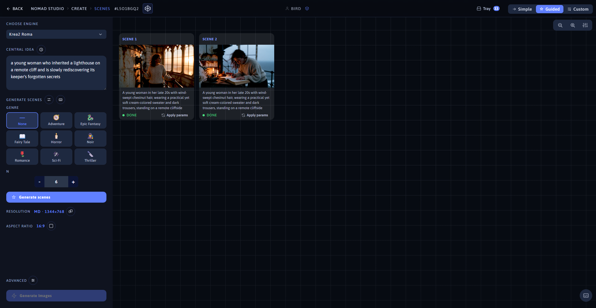 Nomad Studio Scenes page showing both scene cards from one central idea and genre
