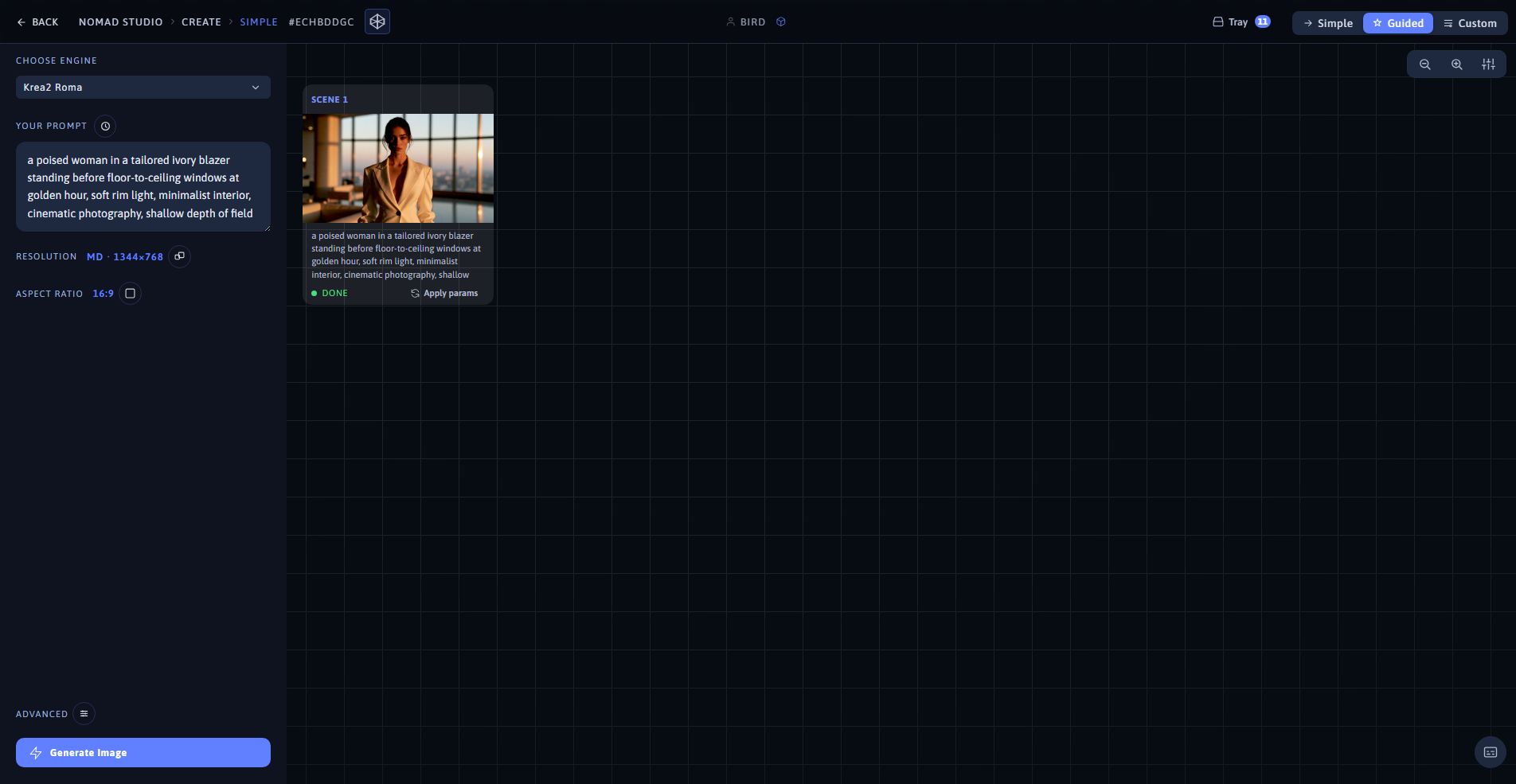 Nomad Studio Simple page showing the prompt and the generated image