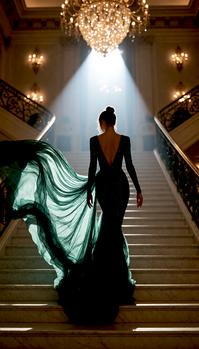Generated result: an elegant woman in an emerald evening gown on a marble staircase