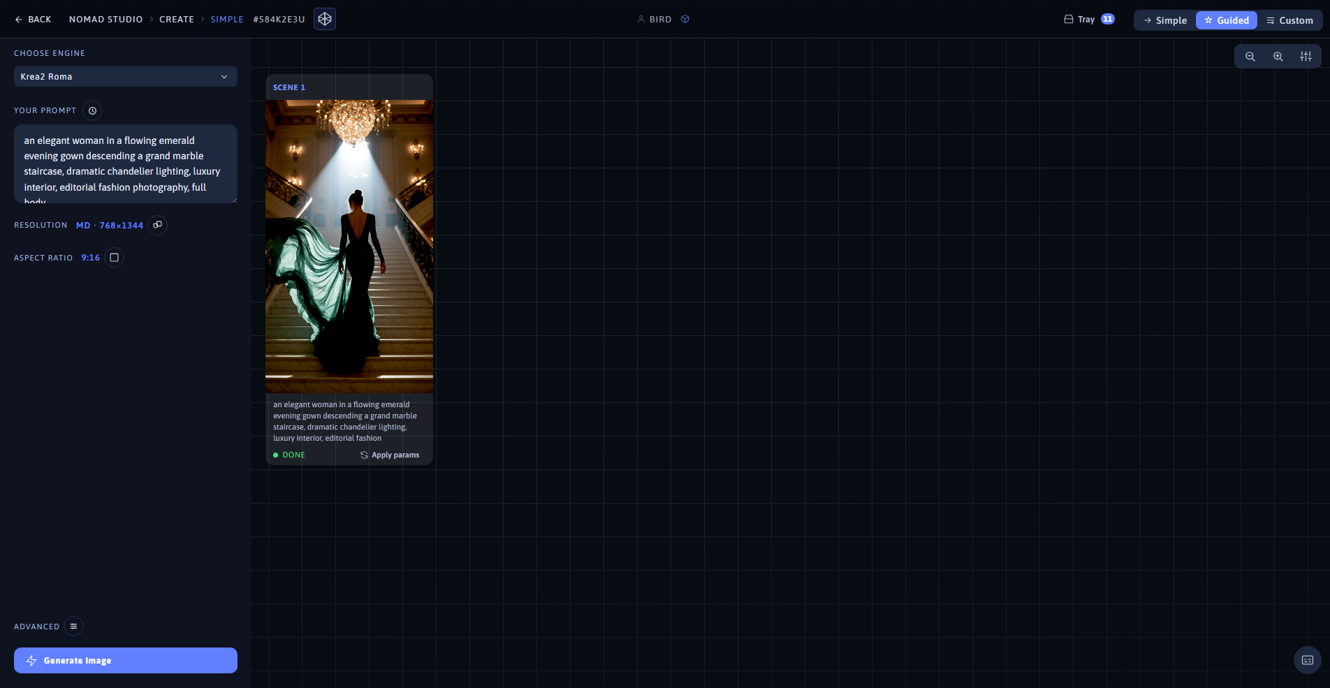 Nomad Studio Simple page showing the prompt at 9:16 and the generated image