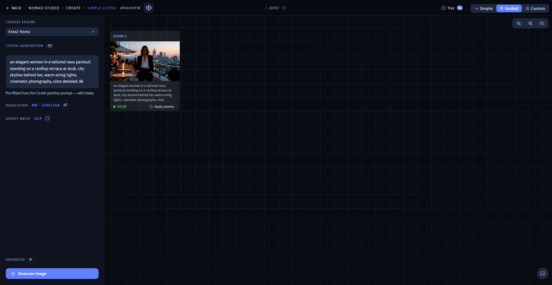Nomad Studio Simple CivitAI page showing the pre-filled prompt and the generated image