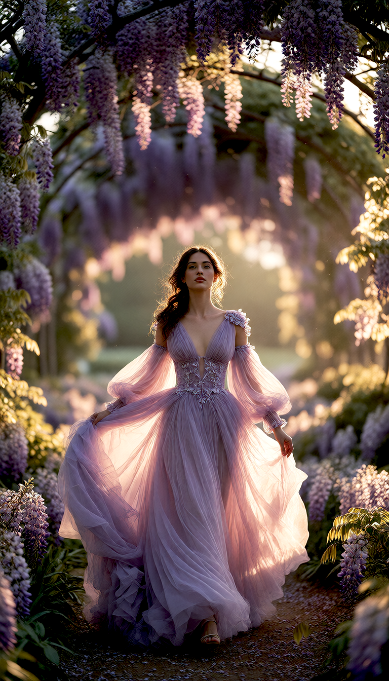 Generated result: a graceful woman in a lavender gown in a wisteria garden tunnel