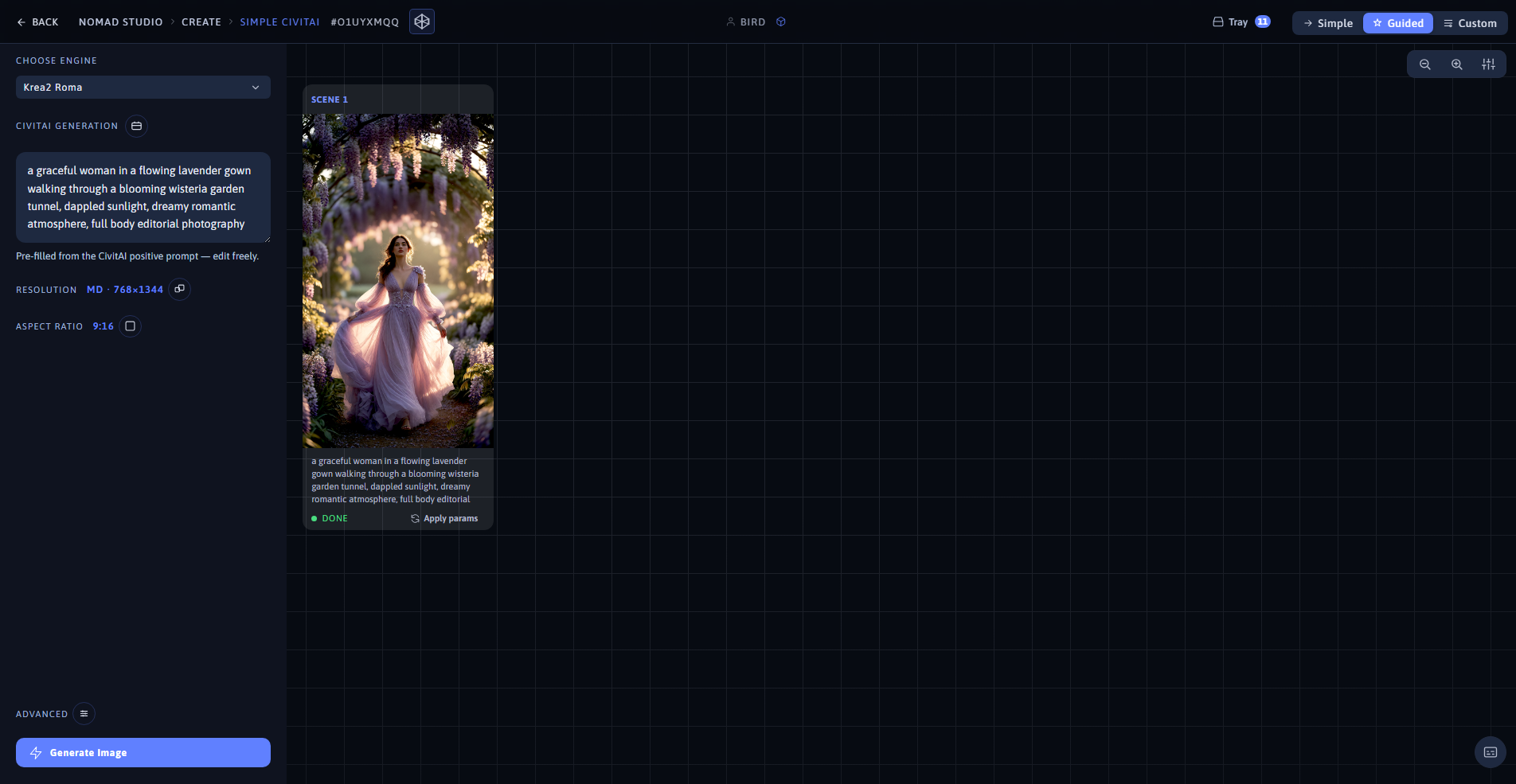 Nomad Studio Simple CivitAI page showing the prompt at 9:16 and the generated image