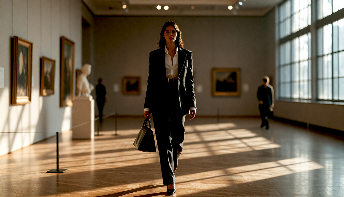 Generated result: an elegant woman in a tailored charcoal suit in a sunlit art gallery