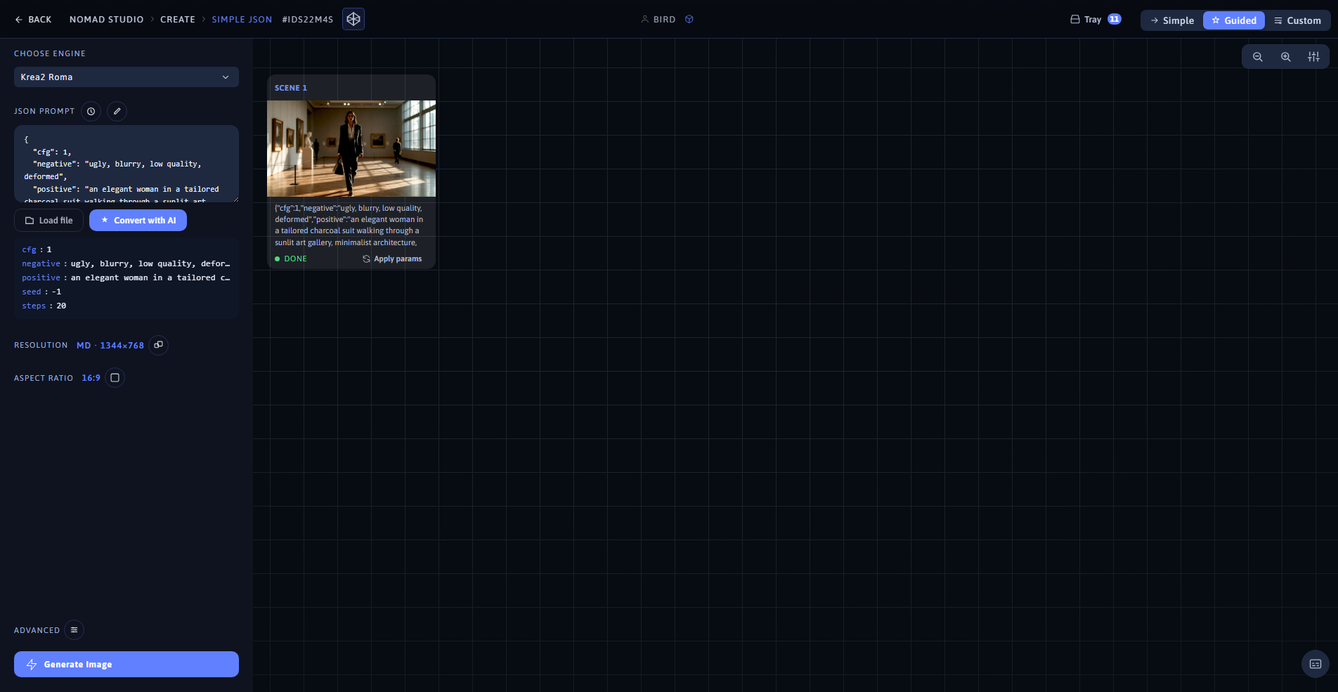 Nomad Studio Simple JSON page showing the JSON block and the generated image