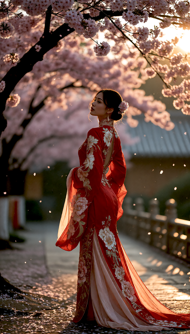 Generated result: a graceful woman in a red silk qipao under cherry blossoms