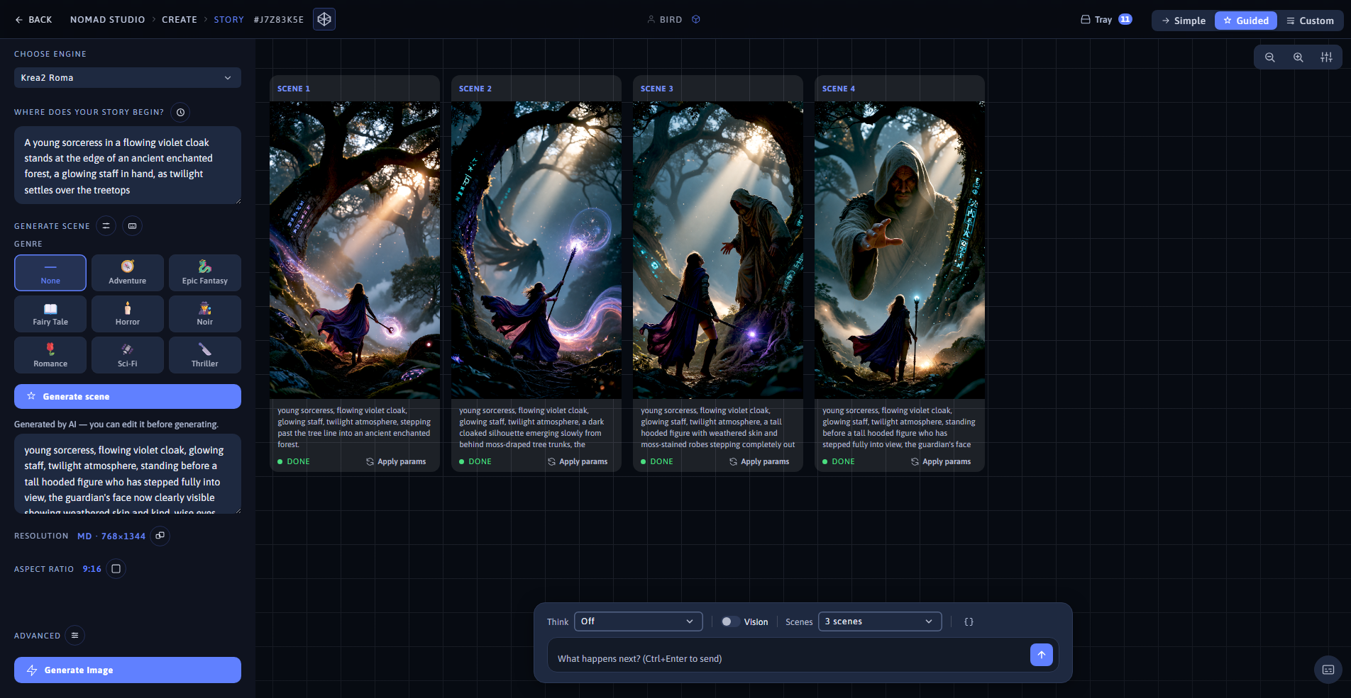 Nomad Studio Story page showing all four scenes of the story timeline together