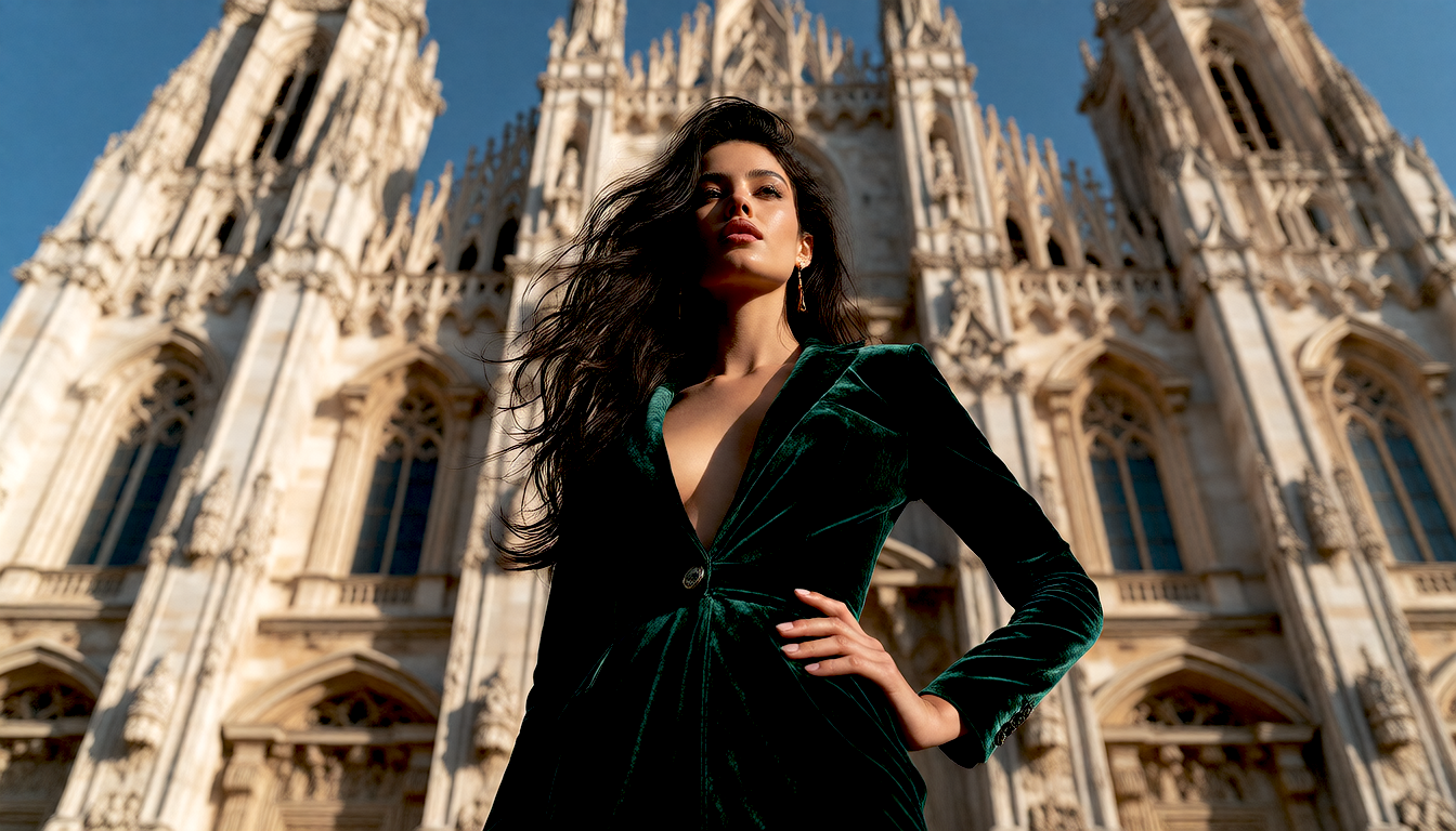 Variation 1: an elegant woman with long black hair in an emerald velvet gown in front of a gothic cathedral