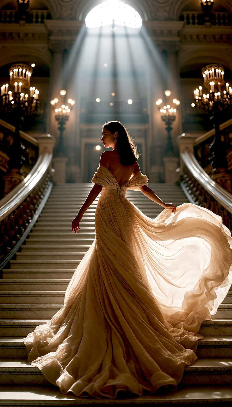Variation 1: an elegant woman in a champagne silk gown on a marble staircase under chandelier light