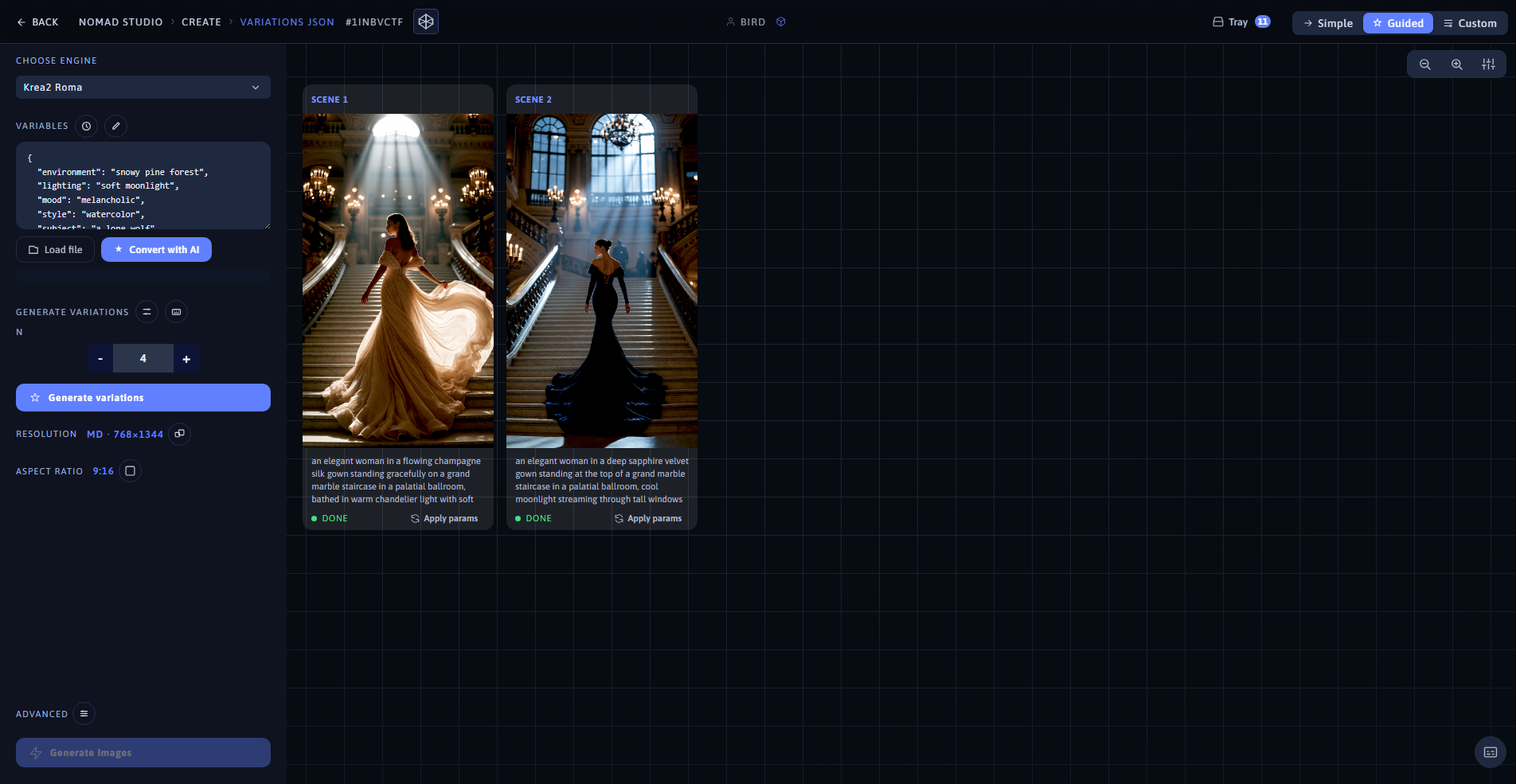 Nomad Studio Variations JSON page showing both filled-in variations from the JSON variables